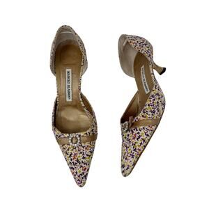 Manolo Blahnik Floral Print D’Orsay Heels Crystal Buckle Pumps EU 37.5